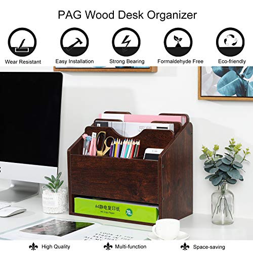 Pag Office Supplies Desk Organizer Wood File Mail Sorter Paper Pen Holder Magazine Rack, Brown #TOP4