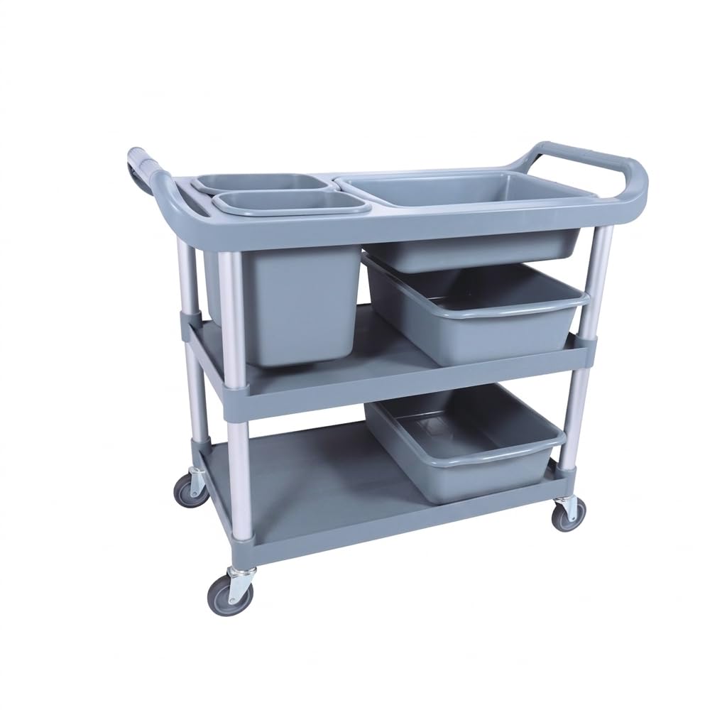 Carro Camarera Cuarz con 5 Cubetas y 3 Bandejas | Polipropileno Resistente | 4 Ruedas Ø10 cm | Capacidad 100 kg | Ideal para Hoteles, Oficinas y Almacenes