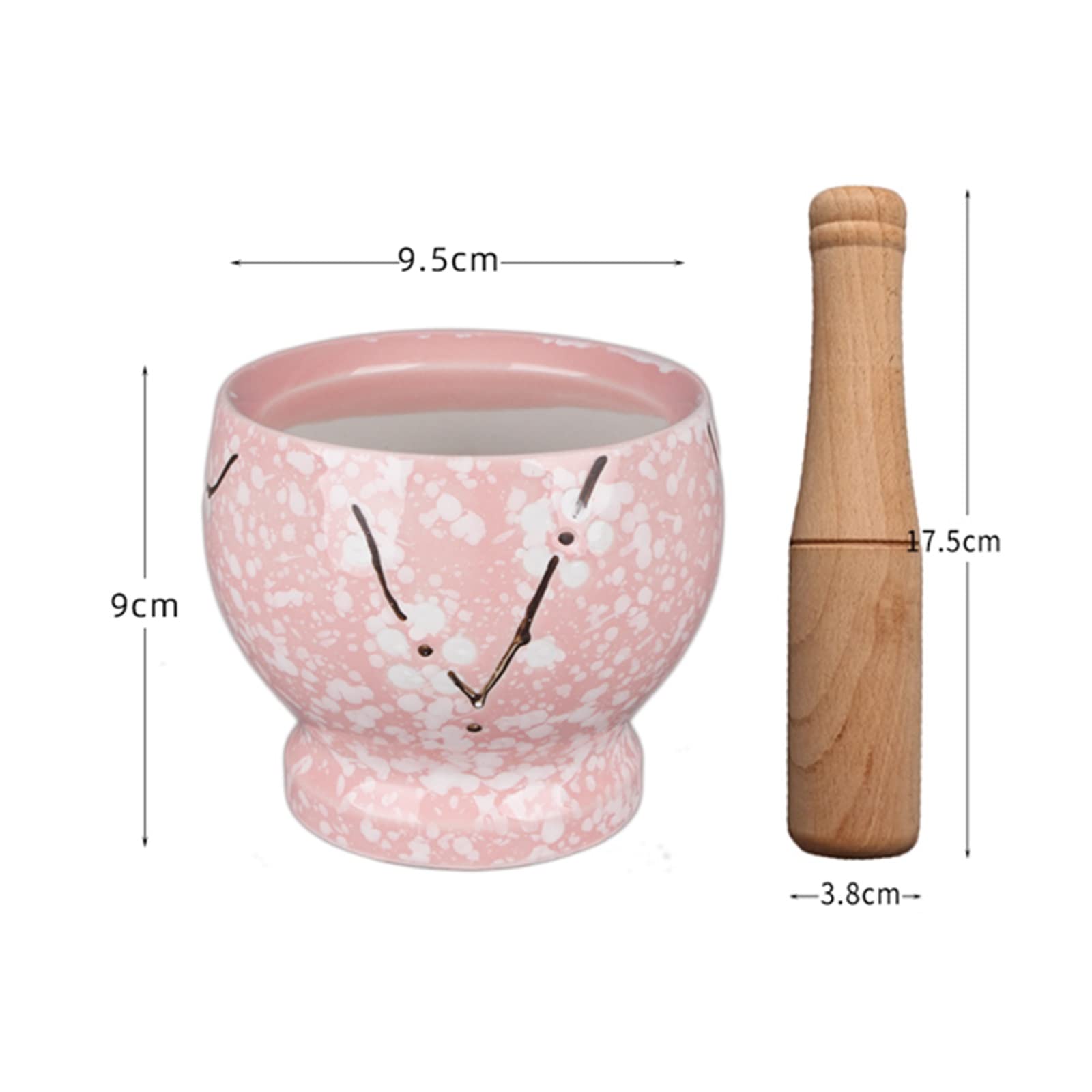 Juego de mortero y maja con patrón de cerámica, con elegantes manchas de flores blancas y maja de madera (rosa)