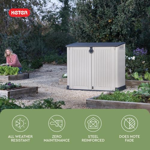 Image of Keter Store-It-Out MIDI Outdoor Resin Storage Shed - Weather-Resistant Horizontal Cabinet for Trash Cans, Garden Tools & Patio Accessories - Lockable, Easy-Lift Lid, 30 Cu. Ft. Capacity, Beige