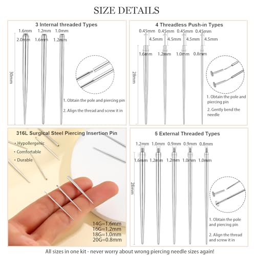 12PCS Body Piercing Taper Insertion Tool Kit 14G 16G 18G 20G Piercing Changing Tool Internal/External Threaded/Push In Piercing Threader Tool for Ear/Nose/Navel/Nipple/Lip/Eyebrow/Tongue4
