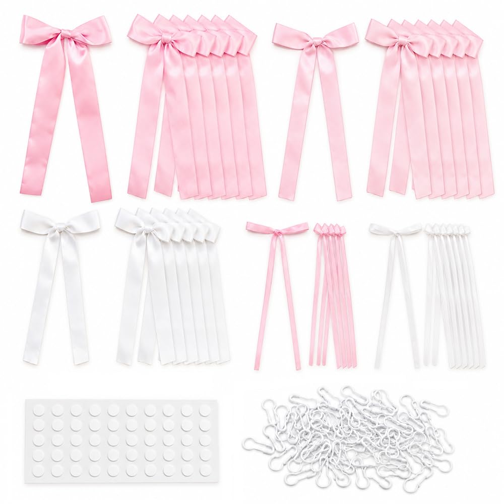 ZestCraft 40 Pink White Satin Bows, Wall Backdrop Wedding Party Decorations