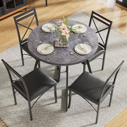 Image of VECELO 35 inch Round Dining Table for 4, Wood-Grain Tabletop & Heavy-Duty Steel Frame, for Kitchen, Living Room, Easy Assembly, Light Grey