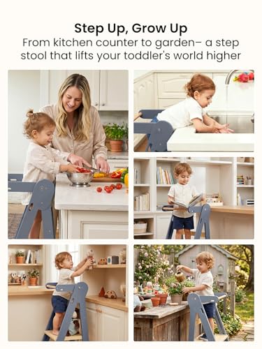 Image of Grownsy Foldable Step Stool Toddler Tower, Toddler Kitchen Stool Helper, Collapsible Kids Standing Tower with 3 Adjustable Heights for Kitchen Bathroom Sink Counter (Blue Gray)
