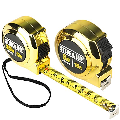 Steve&Leif 2 Pack Measuring Tape(16Foot and 12Foot), Retractable Tape Measure, Easy To Read Metric and Imperial Measuring Tape, Shock Absorbent Case Measurement Tape, Engineers Tape Measure