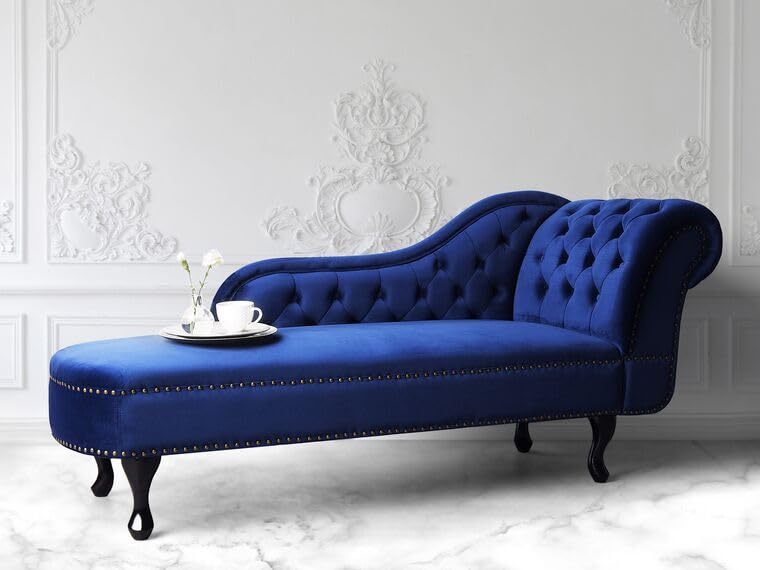 Image of Velvet Modern Chesterfield Chaise Lounge Couch 166 X 63 X 76 for Your Loving Space (Blue, Right Arm)
