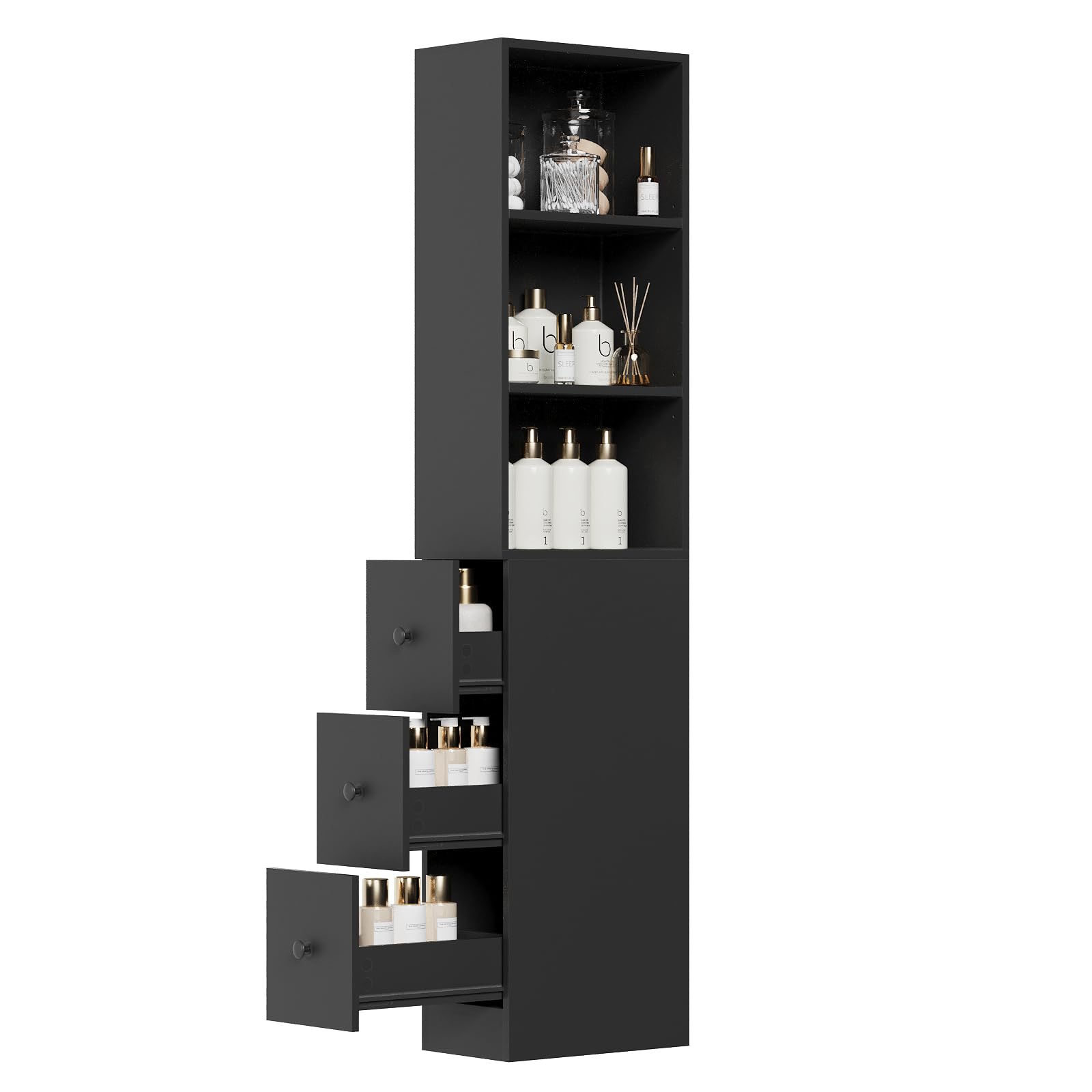 ARTETHYS Tall Narrow Free Standing Bathroom Storage Cabinet with 3-Level Adjustable Shelves Home - Space Saver for Living Room Kitchen - Classic Black