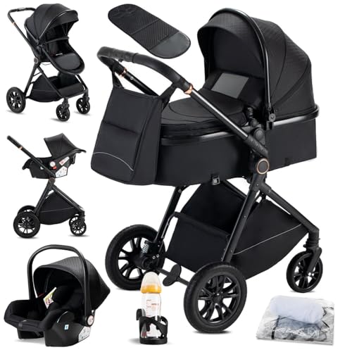 KAVELLIN Kinderwagen 3 in 1, Kinderwagen mit Autositz, Zusammenklappbar kombikinderwagen komplettset inkl. Becherhalter, Moskitonetz, Fußabdeckung, Regenschutz, Babywagen for 0-36 Monate, Schwarz