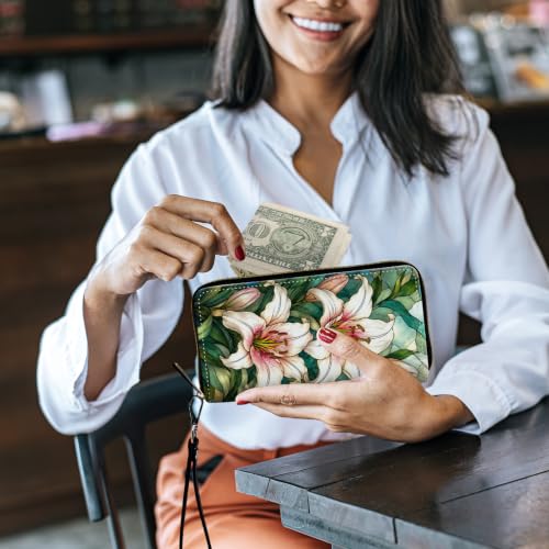 Image of Women's Wallets Credit Card Holder Money Leather Long Wallet | Long wallet with Wristlet,Large Capacity with Zip-Around Phone Purse for Women Ladies Girls,Art Lily Flower