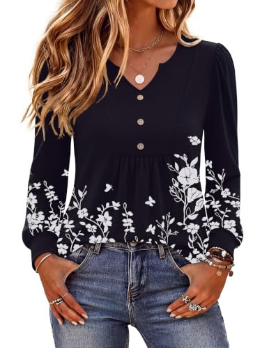 Image of Zeagoo Womens Long Sleeve Tops Fall V Neck Shirt Casual Pleated Tunic Top
