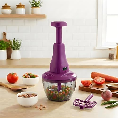 Image of Chopper for Kitchen Use | 650 ml Round Push Chopper with 3 Blades and Whisker | Chopping Vegetables & Fruits, Onion, Ginger, Garlic, Salad, Tomato, Potato (Purple)