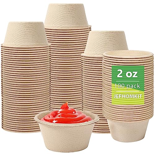 JEFHOMKIT 2 oz Compostable Portion Pack, Disposable Souffle Cups, Bagasse Fiber Condiment Cups for Condiments, Dips, Jams