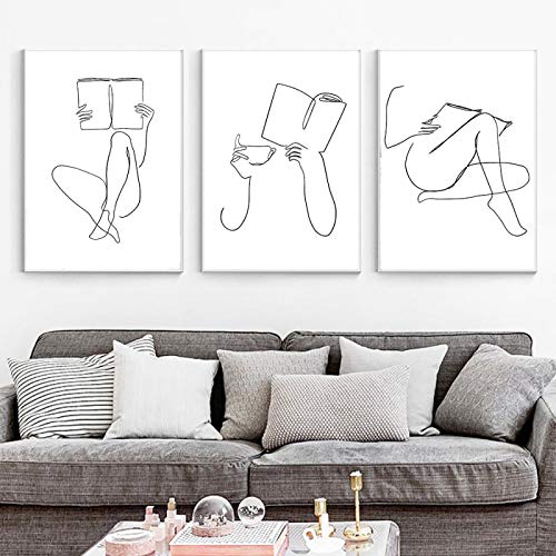 Dessin au trait toile peinture femme et livre pour une ambiance cosy