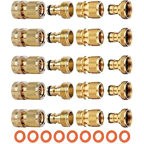 SHOWNEW 10Packs Garden Hose Quick Connectors, Solid Brass 3/4 inch GHT Thread Easy Connect Fittings No-Leak Water Hose Male Female Cover