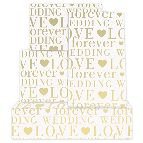 Love Forever Wedding mit Herzen, Weiß & Goldfolie, Geschenkpapier, flach gefaltet, 4 Blätter, 50 x 70 cm pro Blatt, für Hochzeiten, Brautpartys, Verlobungen Love Forever Wedding mit Herzen, Weiß & Goldfolie, Geschenkpapier, flach gefaltet, 4 Blätter, 50 x 70 cm pro Blatt, für Hochzeiten, Brautpartys, Verlobungen