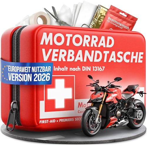 HELDENWERK Erste Hilfe Set Motorrad nach aktueller Norm 2026 inkl. Beatmungstuch - Verbandstasche/Verbandskasten klein - (StVO konform) DIN 13167 - Mini First Aid Kit Motorbike Accessories