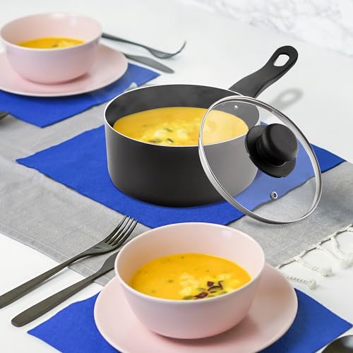 16cm Milk Pan + Glass Lid - Sauce Pot Tea Handle Kitchen Non Stick Cookware | Easy to Clean | Stay Cool Wooden Handle | Boil Eggs, Warming Milk - Image 3