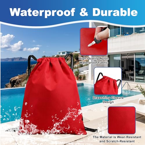 Image of 5-Pack Waterproof Drawstring Backpacks, Soccer-Texture Oxford Fabric, 16.9 inch x 13.8 inch, Lightweight 0.20 lb Each, No Eyelets, Gym & Marathon Gear Sacks(Red)