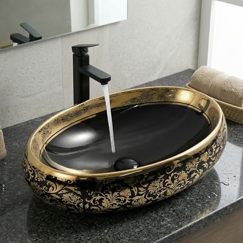 Image of Inart Ceramic Wash Basin | Counter Top Basin | Living room or Bathroom Table Top Basin | Black Gold Color | Size 60 x 40 x 15 CM