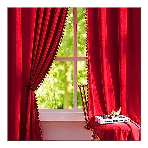 Image of Amazon Brand - Umi Velvet Eyelet Door Curtains with pom pom Lace for Living Room Bedroom Kitchen 1 pc Pack in Red Color (Door - 4 feet x 9 feet)
