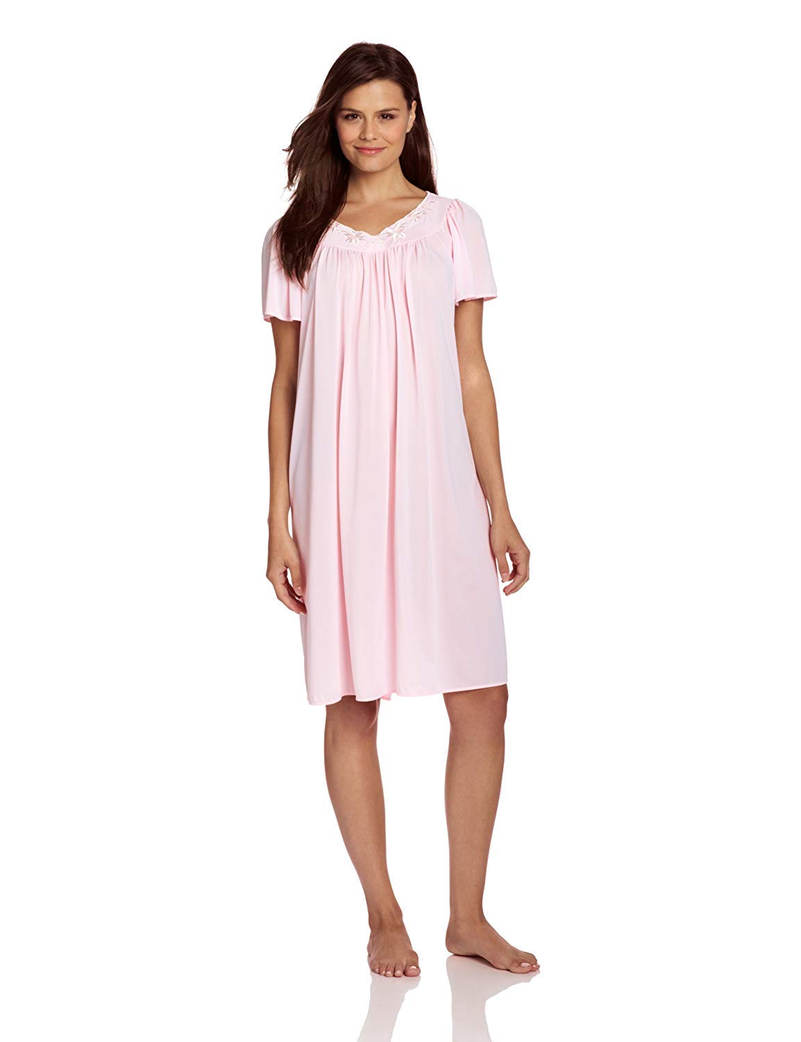 Miss ElaineWomen's Short Tricot Nightgown, Flutter Sleeves and Premium Lightweight Fabric, Embroidered Neckline