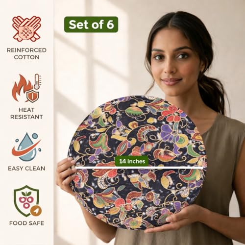 Image of Premium Round Cotton Dining Table Mats Set of 6 | Washable Heat Resistant Food Mat | Circular Dining Table Hot Plate Mats & Coaster for Hot Utensil (14-inch, Printed Floral /Blue)