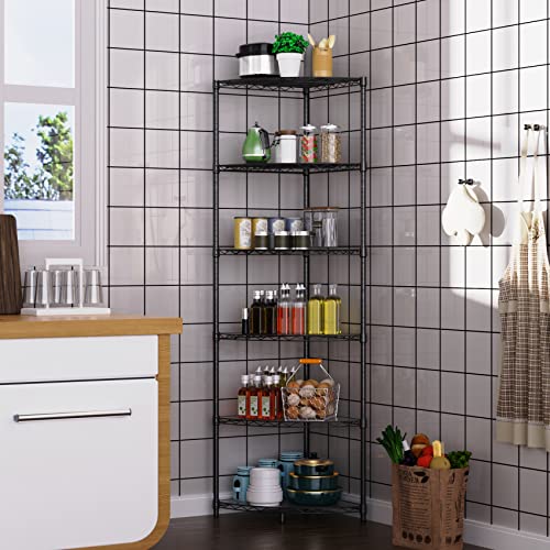 6 Tier Nsf Metal Corner Shelf Wire Shelving Unit, 420Lbs Capacity Heavy Duty Adjustable Storage Rack With Shelf Liners For Closet Kitchen Bathroom Garage Basement, 72" H X 18" L X 18" D - Black #TOP7