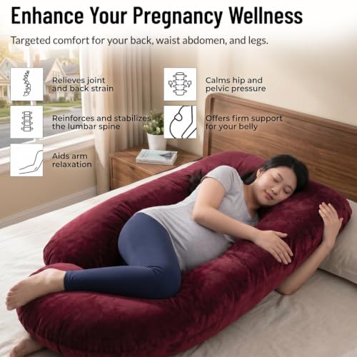 Image of Amazon Basics Full Body Pregnancy Pillow for Maternity,Baby Nursing,Full Body Support-Abdomen,Hip,Spine,Neck&Leg Support Cushion| Perfect Baby Shower Gift |J-Shaped-Washable Cover with Zip - Maroon