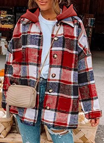 SHEWIN Womens Long Sleeve Button Down Plaid Shirts Flannel Hooded Shacket Jacket Hoodie Coats3