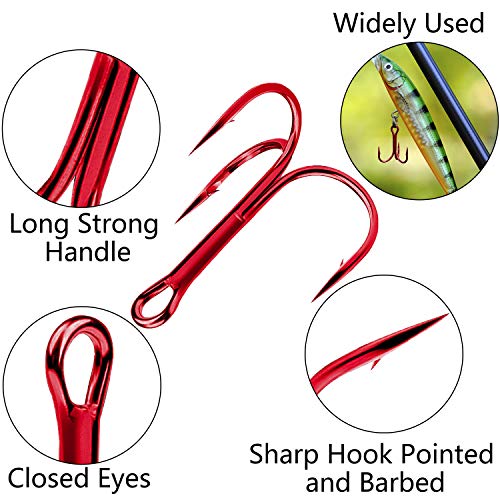 Red Treble Hooks Kit, Circle Round Bend Triple Fishing Hooks Stainless Steel Double Split Rings Assorted Fishing Tackle Box Kit For Fishing Gear Equipment Freshwater Saltwater (70-Hooks 25-Rings) #TOP1
