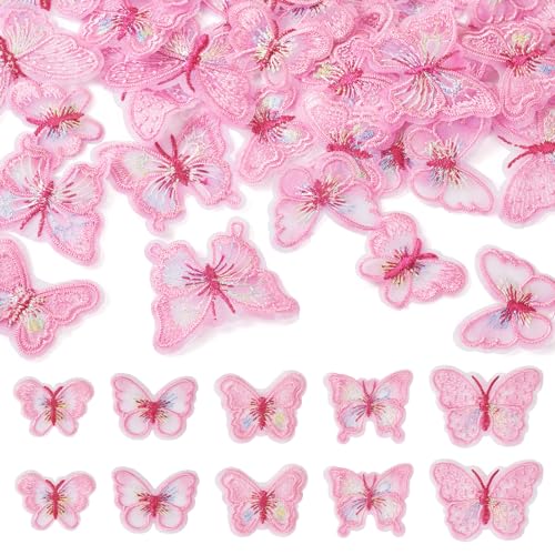 Crafans 40Pcs Butterfly Lace Patches Pearl Pink Butterfly Embroidery Sew on Patch Badges Dress Sewing Insect Embroidered Applique Patches Craft for Sewing Project