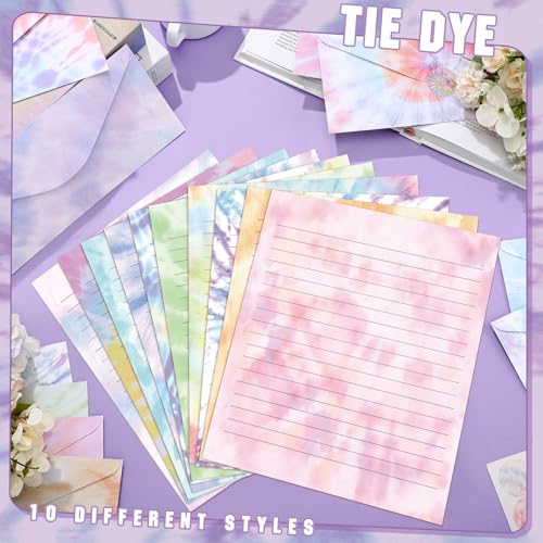 Image of TaoBary 160 Pcs Stationery Paper Set 50 Double Sided Stationery Papers with 50 Matching Envelopes and 60 Round Dot Sticker, 10 Design(Tie Dye,8.5 x 11 Inch)