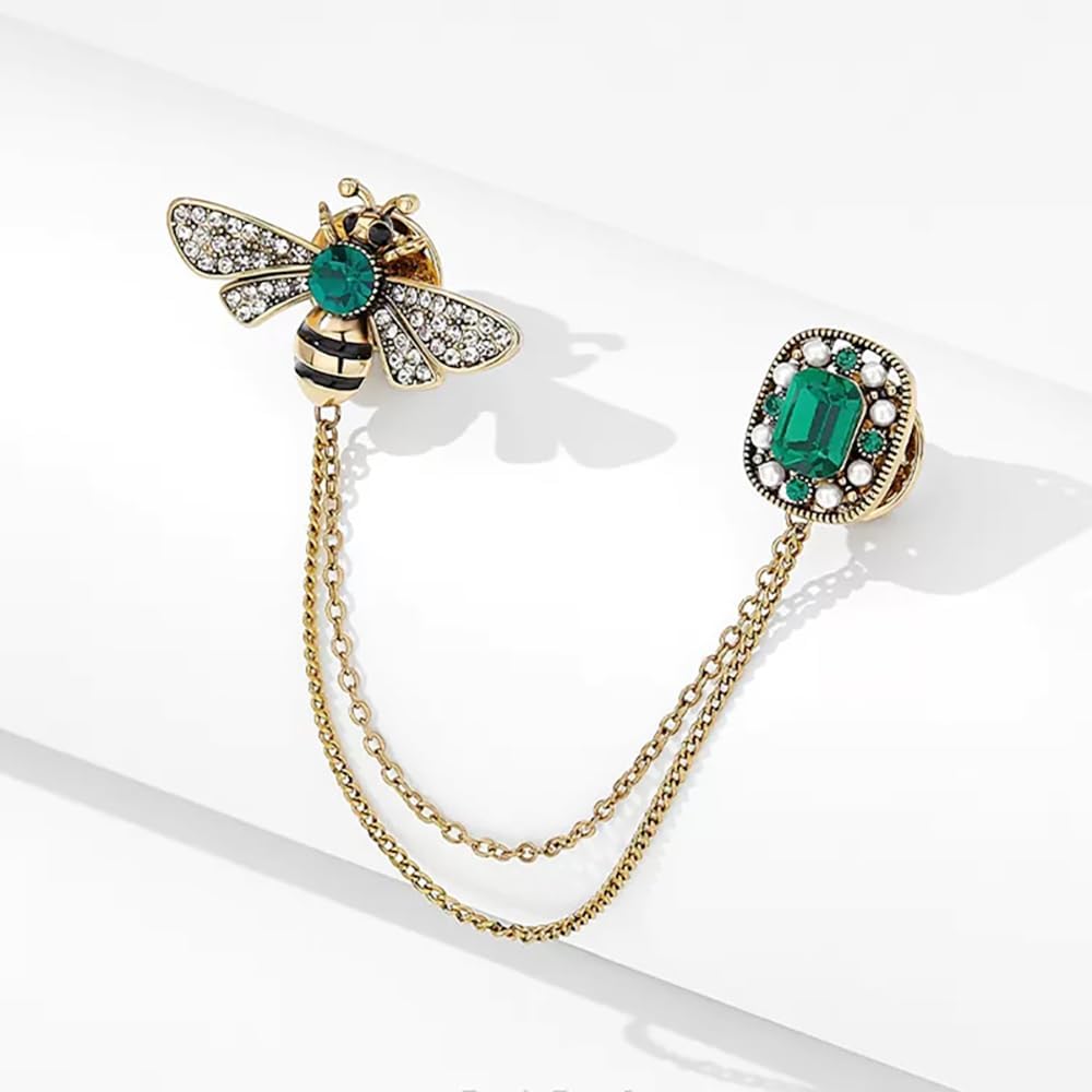 Crystal Insect Bee Brooch Pin Vintage Long Tassel Bee Chain Lapel Pin Rhinestone Bee Corsage Suit Jacket Brooch Pin Jewelry for Women Men Gifts