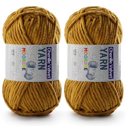Image of 2 Pac Chenille Yarn for Crocheting - Blanket Yarn for Crocheting - Fluffy Yarn for Crochet, Baby Yarn for Crocheting Soft Blankets Weight Per Roll 50g /1.76oz, Length 60m /65yard (Turmeric)