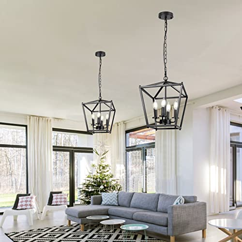 Unicozin Black Lantern Pendant Light, 4 Lights Farmhouse Chandelier Fixture With Metal Cage, Adjustable Height Industrial Hanging Lights E12 Base For Kitchen Island, Bedroom, Entryway, Foyer #TOP3