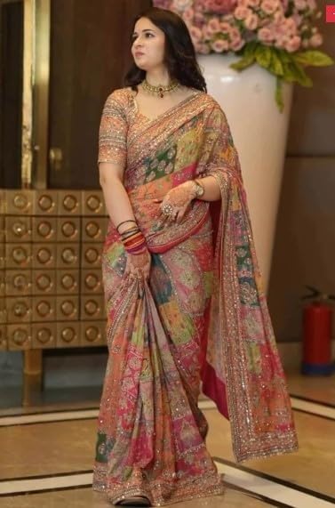 Image of Women's Chinon Silk Saree with Printed Design, Mirror Work & Zari Woven Detailing | Ethnic Wear Saree with Unstitched Blouse Piece | Traditional Festive & WeddingWear