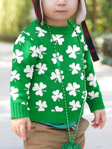 Image of Unisex Toddler St.Patrick's Day Clover Print Sweater Irish Shamrock Knitted Pullover Tops 12M-8Y