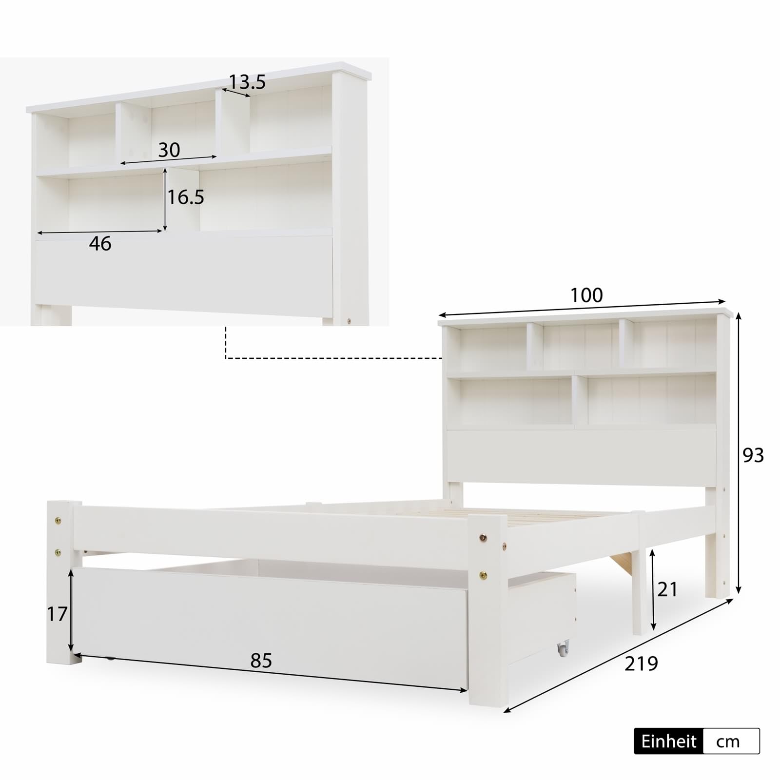 Daesar Letto Singolo 90x200, Letto In Legno Massello con Rete A Doghe, Giroletto con Cassetti e Libreria, per Adulti e Bambini, Bianco (Senza Materasso)