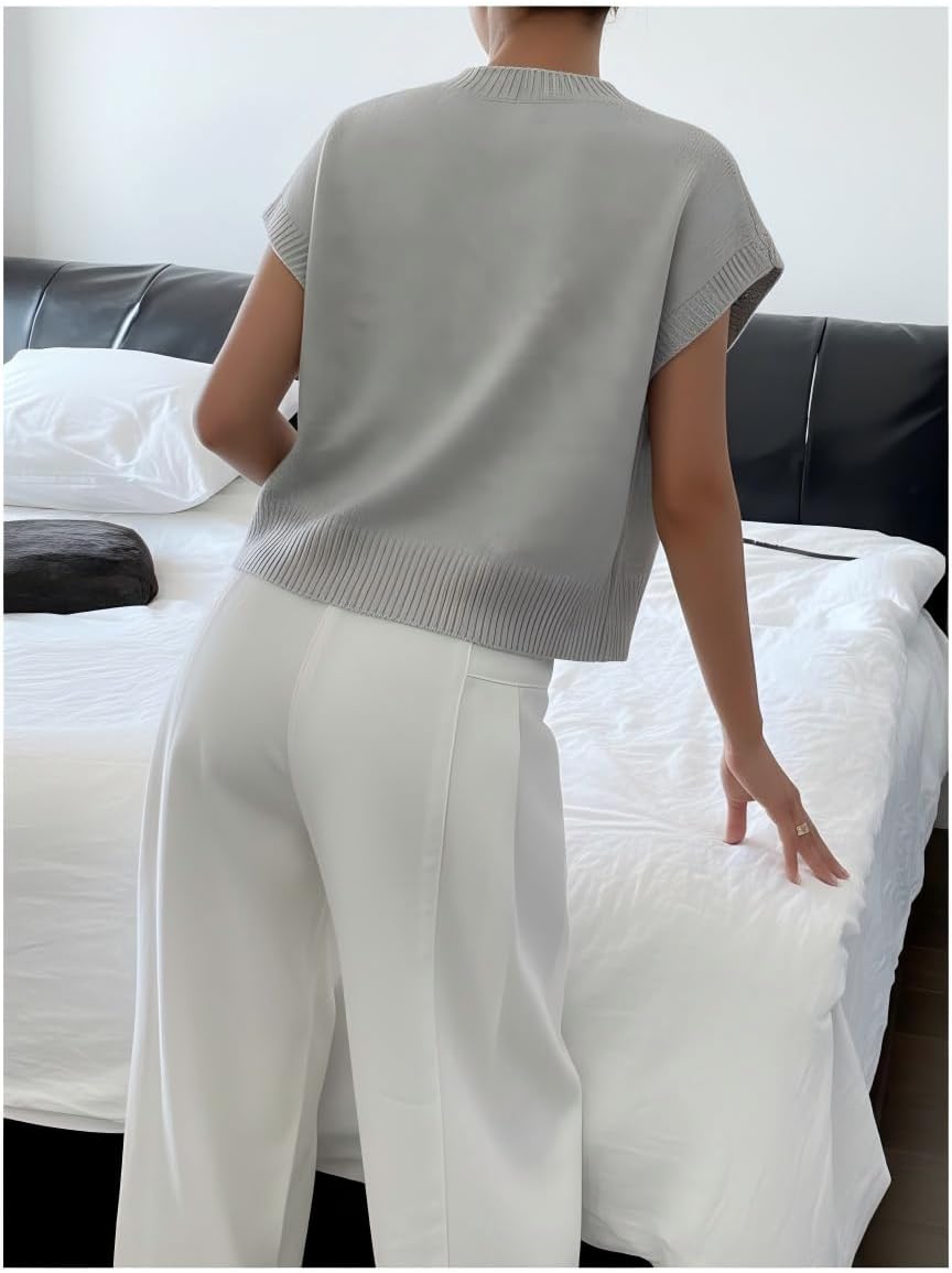 QJQ Women's Short Sleeve Sweater Vest 3D Flower Floral Decor Knit Crewnek Anthropologie Clothes Trendy Casual Cute Tops 2026 - Image 6