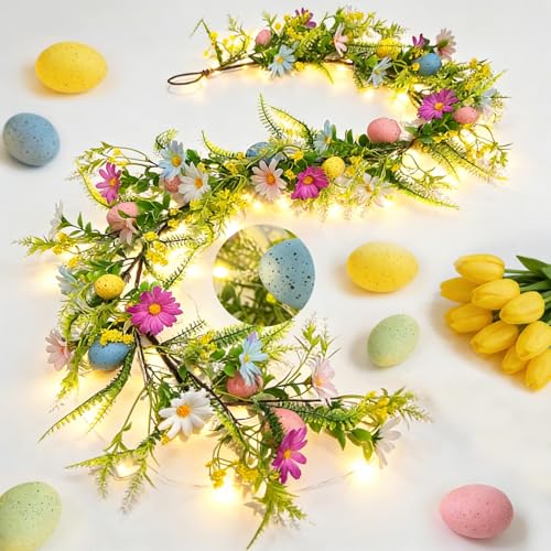 Image of 6 FT Lighted Easter Garland,Easter Egg Flower Berry Garlands Decorations,Spring Summer Pastel Artificial Flower Garlands,Easter Decorations for Home Mantle Fireplace Indoor Decor