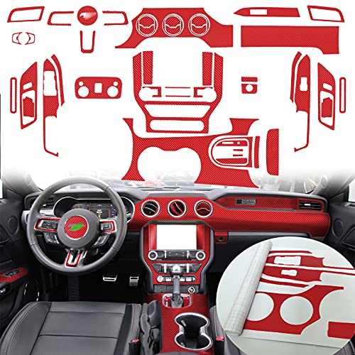 MICOOS Compatible with Carbon Fiber Texture Vinyl Wrap Center Console Dashboard Cover Interior Protective Decoration Accessories Sticker for Mustang 2020 2019 2018 2017 2016 48PCS Red