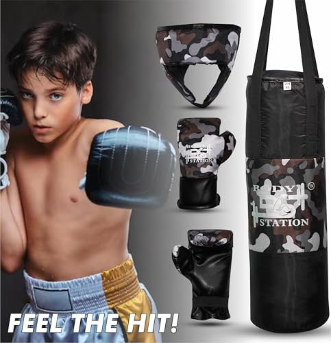 Image of Kids Champ Junior Punching Set | 1 Punching Bag, 1 Head Guard, 2 Gloves | Boxing Training Punching Bag & Gloves for Boys & Girls | for 3 to 10 Years Kids (Set of 4) (Black Camo)