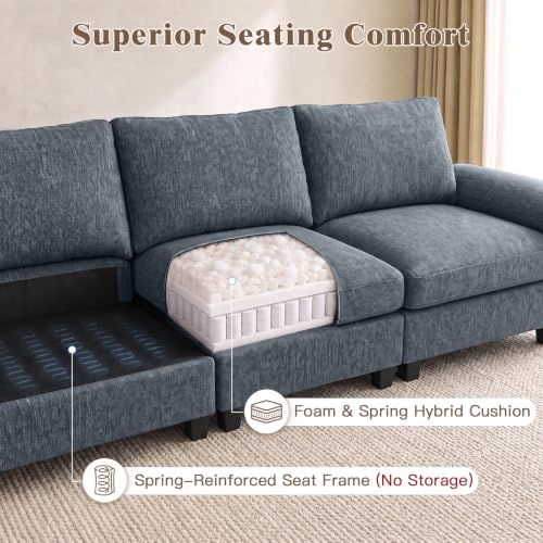 Image of Sectional Couches for Living Room, 109 inch L Shaped Cloud Sofa & Couch | Upholstered Armres, 22 inch Seat Depth, Movable Ottoman, Comfy Chenille, Easy Assembly, Blue