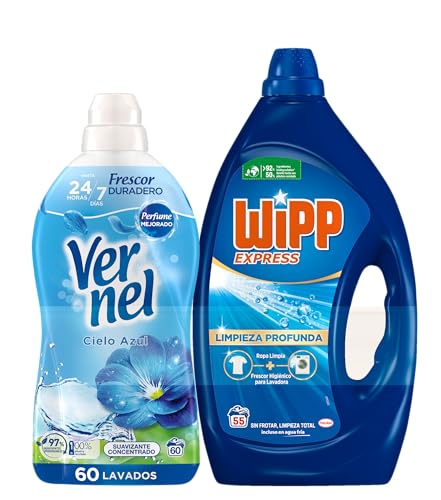 Wipp Express Detergente Líquido Limpio y Liso para lavadora 55 Lavados + 1 Vernel Suavizante Azul 70 Lavados GRATIS