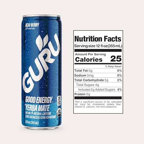 Image of GURU Energy Drink, Organic Sparkling Energy Drink with Yerba Mate & Green Tea, 140 MG Natural Caffeine for Workouts, Performance & Midday Boost, Gluten Free, Vegan, Acai Flavor, 12 Fl Oz, 24 Pack