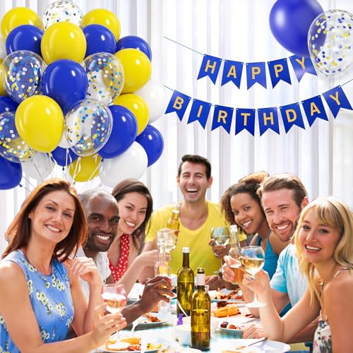 Image of BAUANOOY Blue and Yellow Balloons, 60pcs 12 Inch Royal Blue Yellow White Balloon with Confetti Balloons for Wedding Graduation Baby Shower Birthday Party Decorations