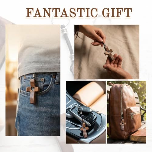 FIQLUL 2 Pièces Porte-clés Croix en Noyer Noir, Pendentif Croix en Bois Naturel pour Homme et Femme, Petit Crucifix de Poche pour Clés et Sac, Cadeau Religieux Chrétien pour Baptême et Communion – vue 5