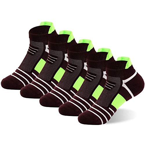 Copper Infused Ankle Socks, Unisex Athletic Cushion Low Cut Socks (Coffee/Green-5 Pairs) S/M