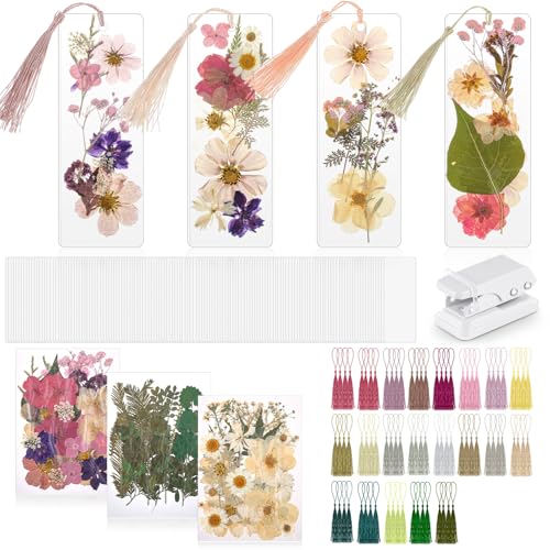 Fuyoooo 376 Pcs Dried Flower Bookmark Making Kit DIY Bookmark Laminating Pouches with Tassels and Puncher DIY Project Gifts for Women Night Out Craft Book Lovers (Boho Color 2 x 6 Inch)