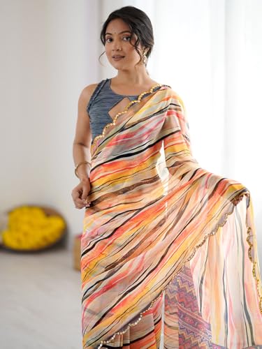 Image of Satrani Women's Georgette Printed & Mirror Work Saree with Unstitched Blouse Piece